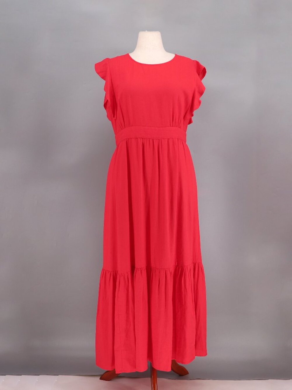 CYNTHIA ROWLEY Linen Blend Ruffle Sleeve Tiered Midi Dress Orange Red Size L